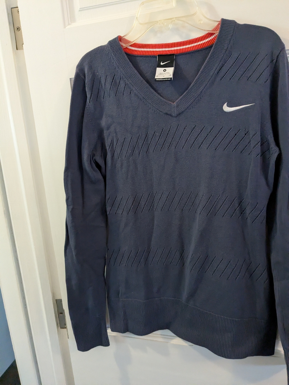 Nike Women's Navy V-Neck Sweater with Red Trim